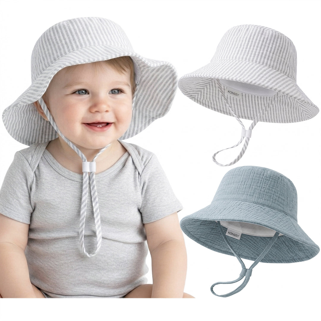 Konssy Muslin Baby Boy Sun Hat 2-Pack, Infant Sun Hat with Wide Brim, UPF 50+ Baby Beach Hat for 0-6 Months