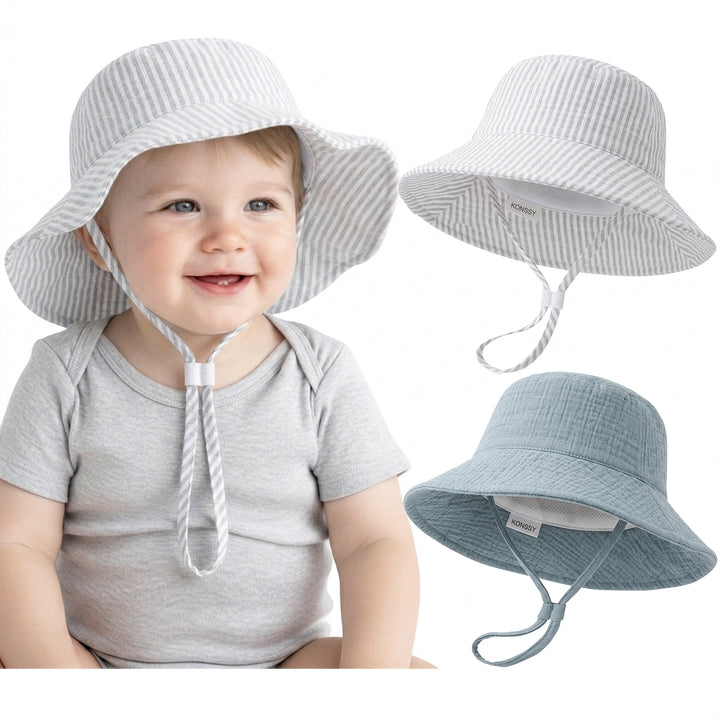 Konssy Muslin Baby Boy Sun Hat 2-Pack, Infant Sun Hat with Wide Brim, UPF 50+ Baby Beach Hat for 0-6 Months