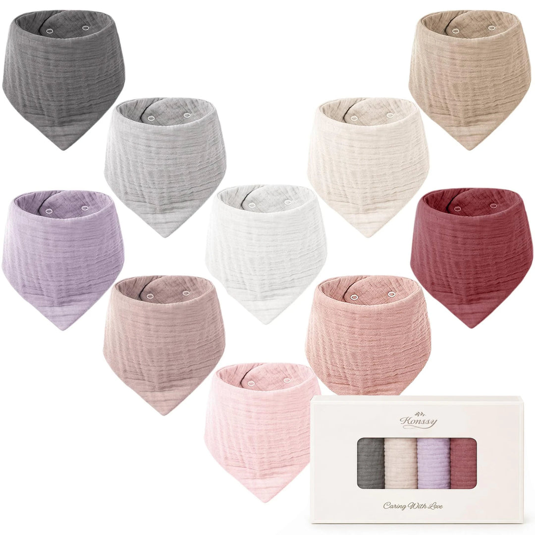 Konssy 10 Pack Baby Muslin Bandana Bibs for Drooling and Teething 100% Cotton, 6-Layer Bibs, Pre-Washed Soft & Absorbent, Adjustable Neck Fit, Boys & Girls 0-36M / Lavender Gray / 1