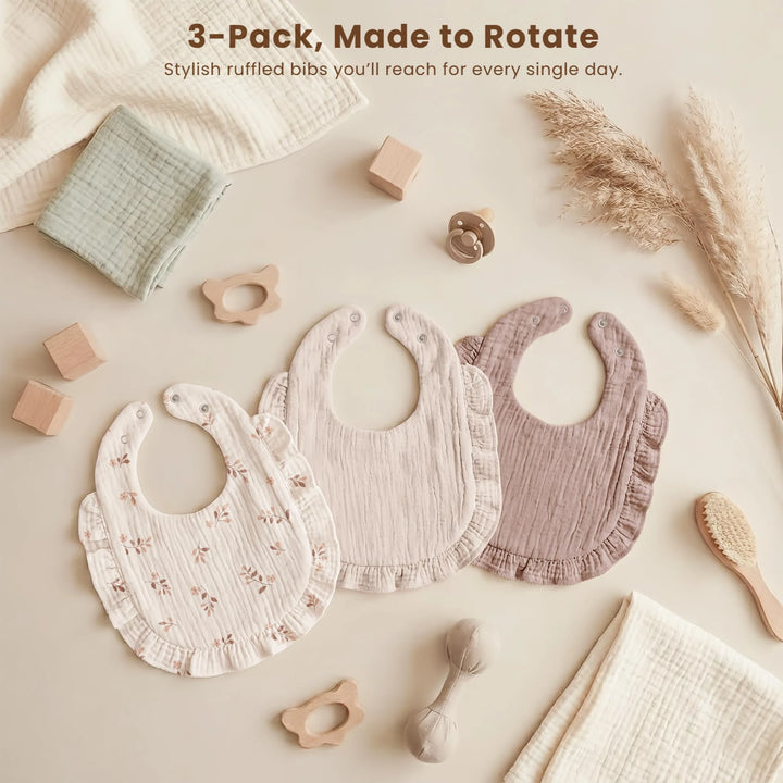 Konssy 3-Pack Muslin Baby Girl Bibs, 100% Cotton with Ruffle Trim Ultra Soft & Absorbent, Baby Essentials for Drooling and Teething, for Newborn, Infant & Toddler 0-36 Months / Taupe / 9