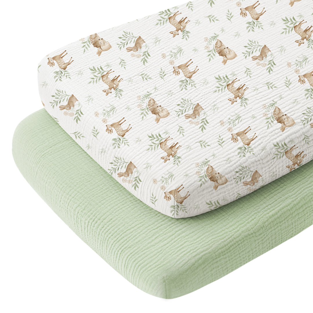 Konssy Muslin Fitted Bassinet Sheets 2 Pack for Baby Girl Boy, Soft Bedside Sleeper Bassinet Sheets Fit for Baby Bassinets, Moses Basket Oval Rectangle Pad/Mattress