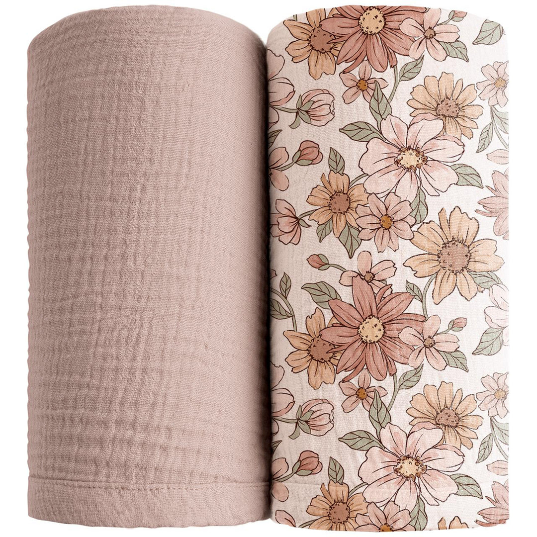 Konssy Muslin Swaddle Blankets for Newborn Baby Girls and Boys, 2 Pack Soft Breathable Baby Receiving Blankets , 47" x 47" (Pink, Floral)