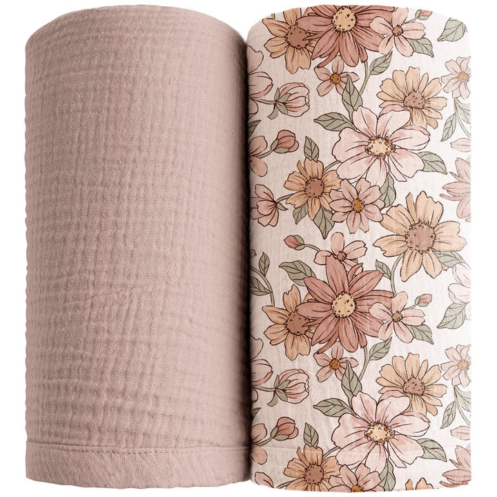 Konssy Muslin Swaddle Blankets for Newborn Baby Girls and Boys, 2 Pack Soft Breathable Baby Receiving Blankets , 47" x 47" (Pink, Floral)