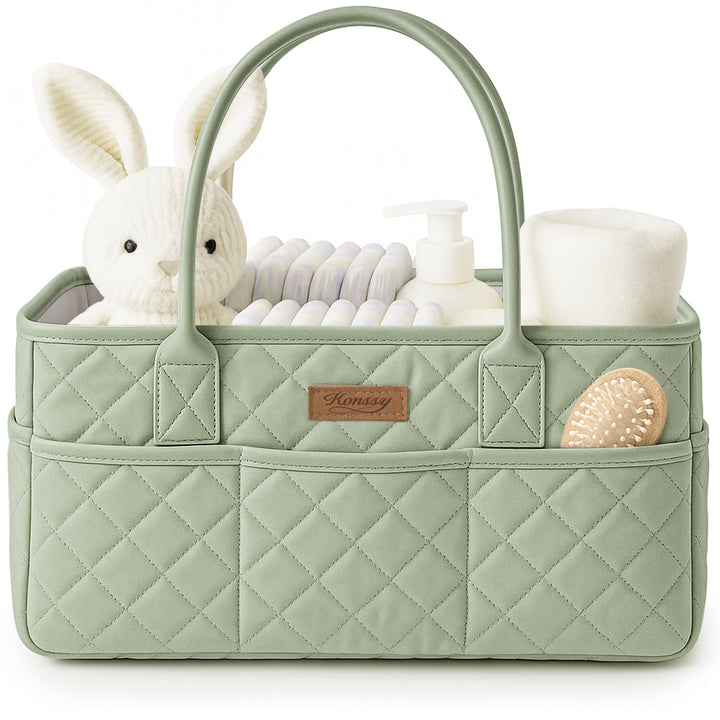 Konssy Floral Quilted Diaper Caddy Organizer, Diaper Caddy Basket with Vegan Leather Handles