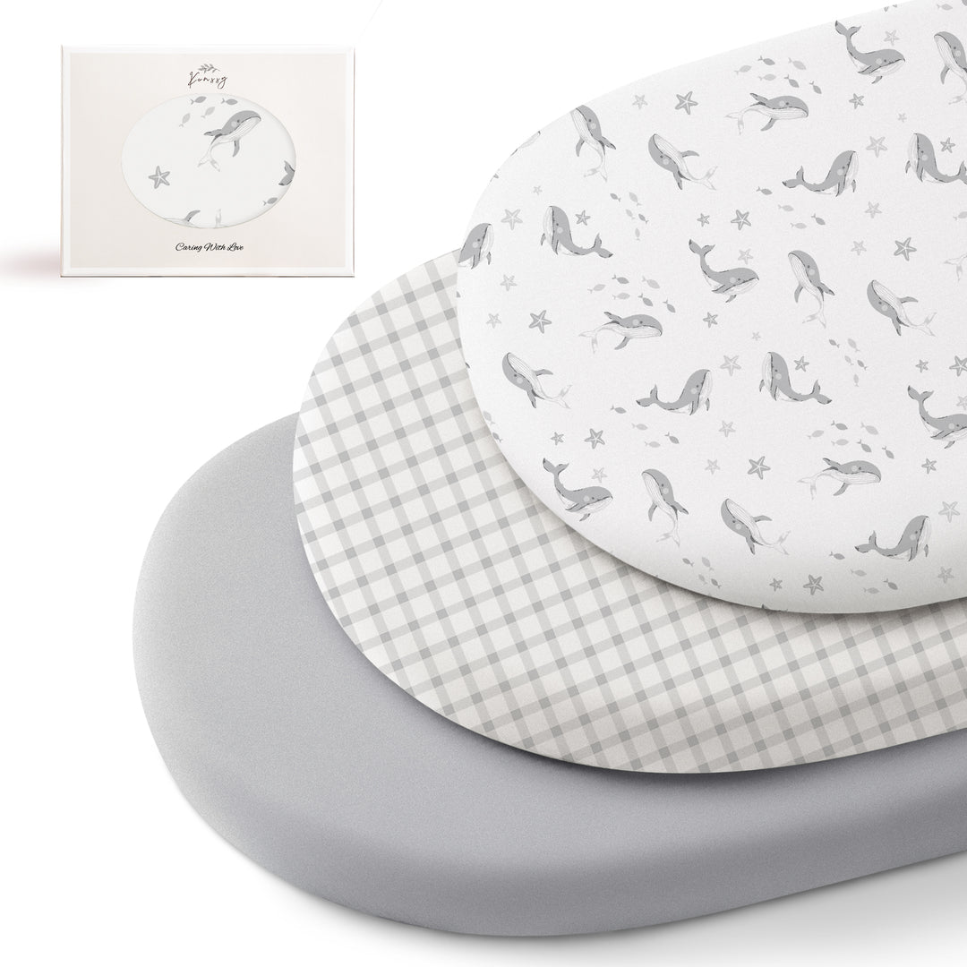 Konssy 3 Pack Stretchy Bassinet Sheets for Baby Girl Boy, Soft Breathable Baby Bassinet Mattress Sheets Fit for Hourglass Oval Cradle, Moses Basket Rectangle Mattress