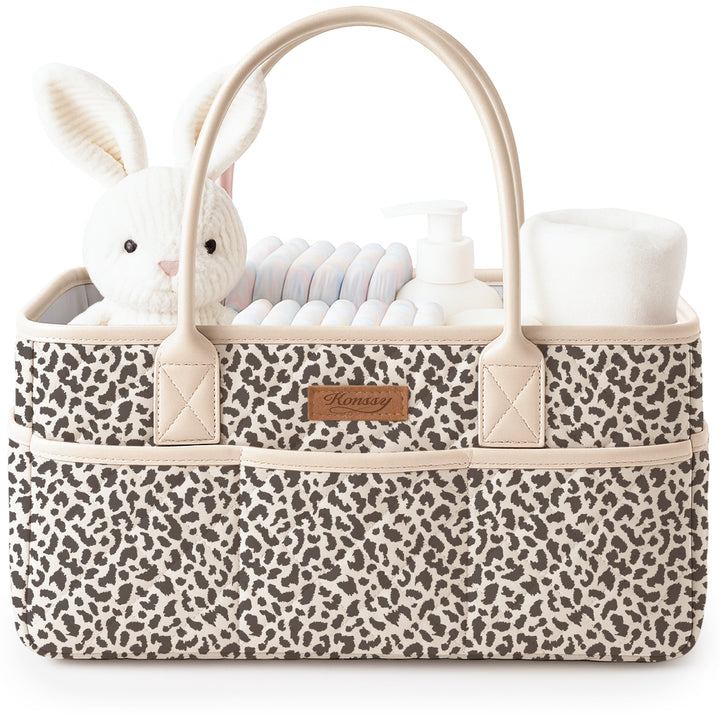 Konssy Quilted Diaper Caddy Organizer, Diaper Caddy Basket with Vegan Leather Handles, Water-Repellent Nursery Storage Basket, Portable Car Organizer, Registry Search Must Haves