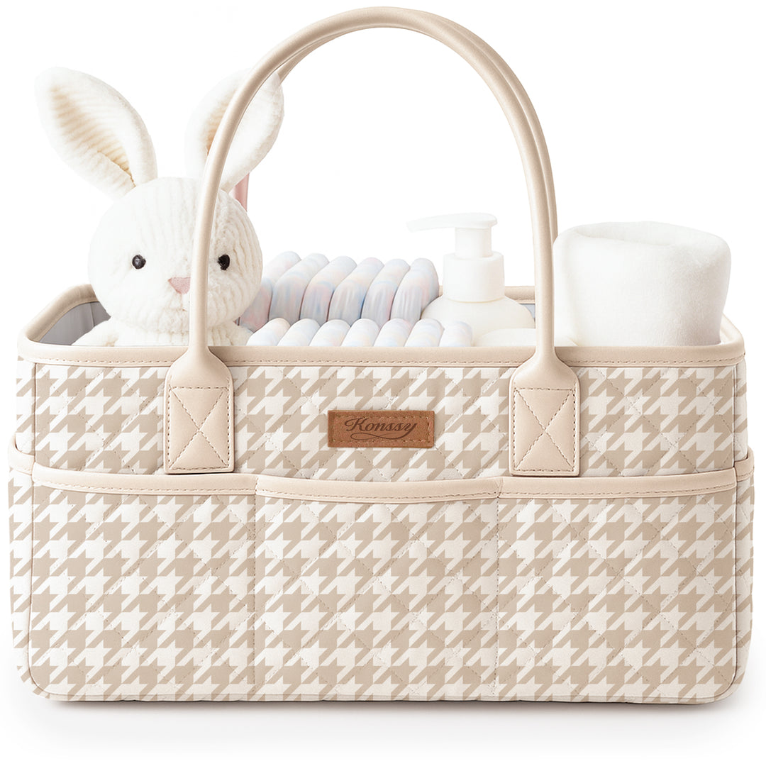Konssy Quilted Diaper Caddy Organizer, Diaper Caddy Basket with Vegan Leather Handles, Water-Repellent Nursery Storage Basket, Portable Car Organizer, Registry Search Must Haves