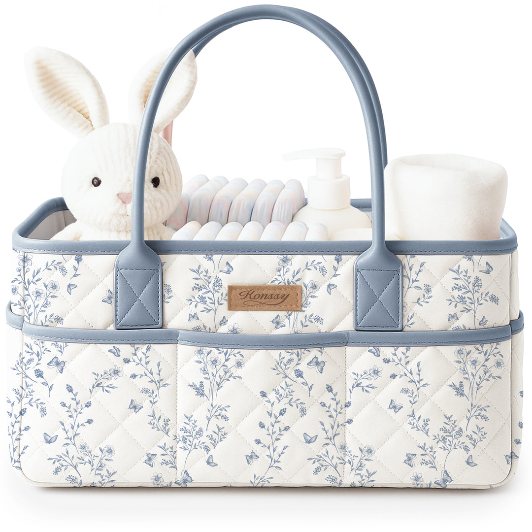 Konssy Quilted Diaper Caddy Organizer, Diaper Caddy Basket with Vegan Leather Handles, Water-Repellent Nursery Storage Basket, Portable Car Organizer, Registry Search Must Haves