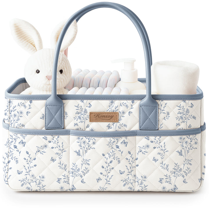 Konssy Quilted Diaper Caddy Organizer, Diaper Caddy Basket with Vegan Leather Handles, Water-Repellent Nursery Storage Basket, Portable Car Organizer, Registry Search Must Haves