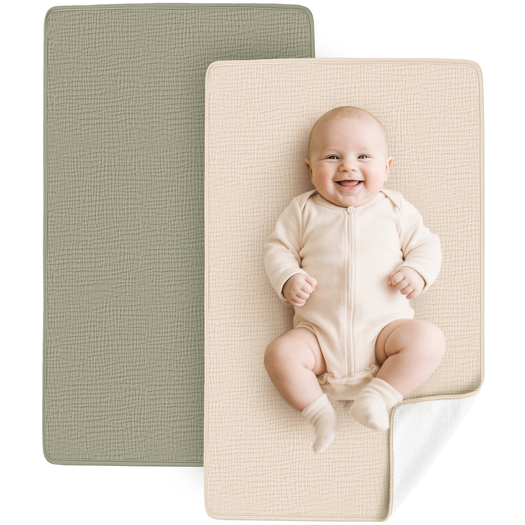 Konssy 2 Pack Waterproof Muslin Cotton Portable Changing Pad 30"x 17", Soft & Foldable Baby Changing Mat Travel Pad with Terry Backing, Shower Gift for Newborn Girls Boys