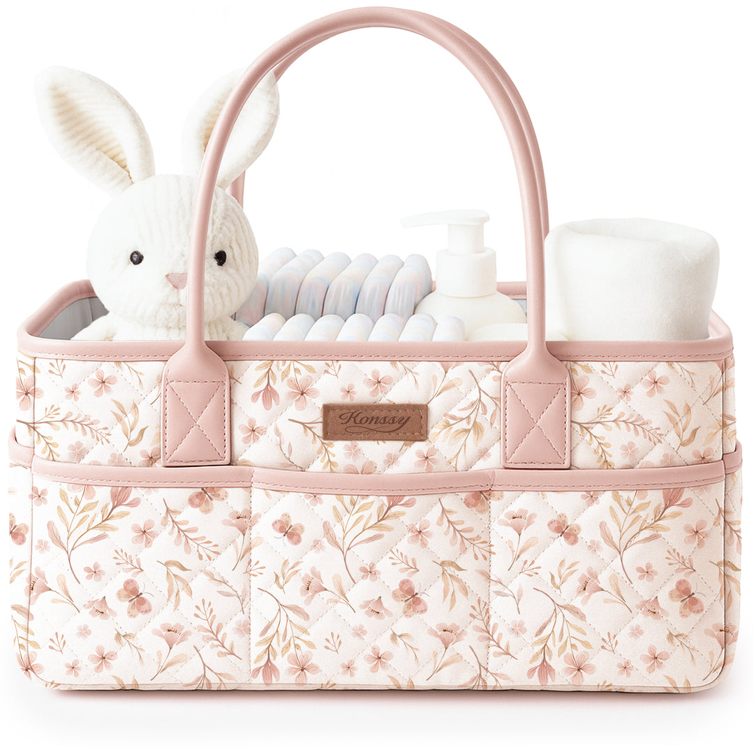 Konssy Quilted Diaper Caddy Organizer, Diaper Caddy Basket with Vegan Leather Handles, Water-Repellent Nursery Storage Basket, Portable Car Organizer, Registry Search Must Haves