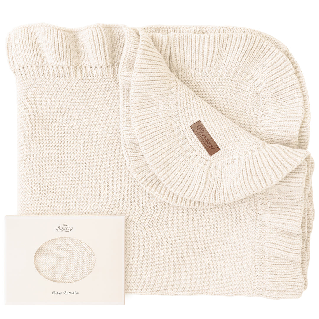 Konssy Knit Baby Blanket with Ruffle Edge, Ultra-Soft Receiving Baby Blankets for Girl