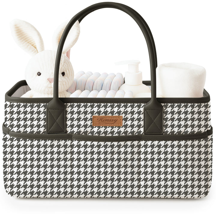 Konssy Quilted Diaper Caddy Organizer, Diaper Caddy Basket with Vegan Leather Handles, Water-Repellent Nursery Storage Basket, Portable Car Organizer, Registry Search Must Haves