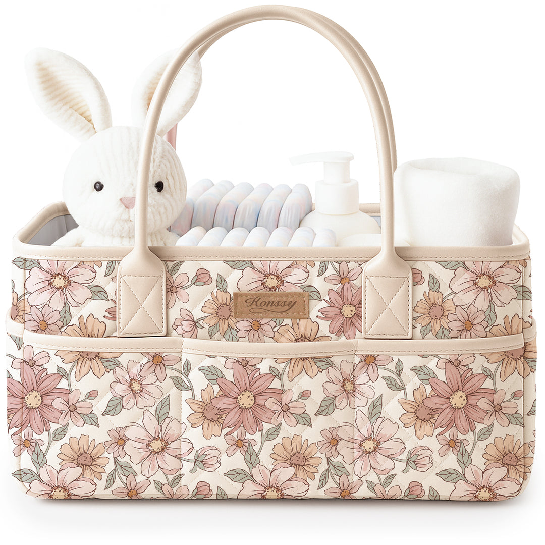 Konssy Quilted Diaper Caddy Organizer, Diaper Caddy Basket with Vegan Leather Handles, Water-Repellent Nursery Storage Basket, Portable Car Organizer, Registry Search Must Haves