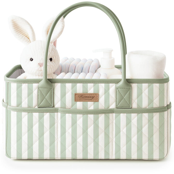 Konssy Quilted Diaper Caddy Organizer, Diaper Caddy Basket with Vegan Leather Handles, Water-Repellent Nursery Storage Basket, Portable Car Organizer, Registry Search Must Haves