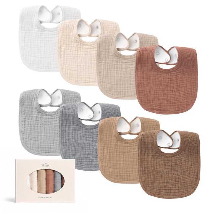 Konssy 8-Pack Muslin Baby Bibs, Adjustable Fit for Drooling and Teething Soft Absorbent, Drool Bibs for Baby Boys Girls, Cotton Front with Fleece Backing, Newborn to Toddler 0-36M