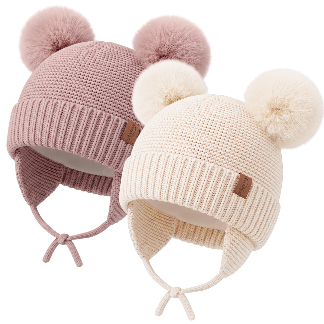 Konssy 2 Pack Baby Beanie Hat with Ear Flaps, Newborn Winter Hat 0-6 Months/60% Soft Cotton Lining to Help Retain Warmth, Secure Tie Closure, Comfy Double Pom-Pom Knit Winter Hat for Baby Boys Girls