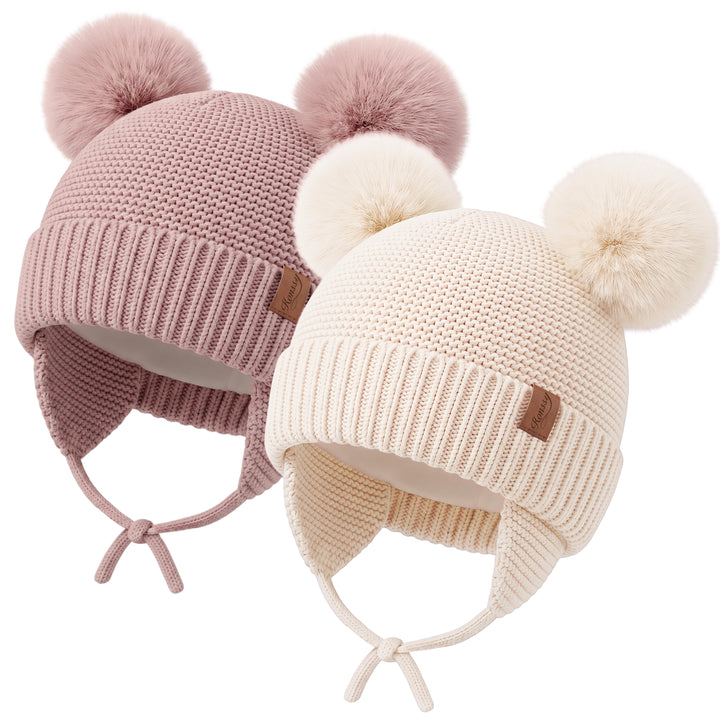 Konssy 2 Pack Baby Beanie Hat with Ear Flaps, Newborn Winter Hat 0-6 Months/60% Soft Cotton Lining to Help Retain Warmth, Secure Tie Closure, Comfy Double Pom-Pom Knit Winter Hat for Baby Boys Girls
