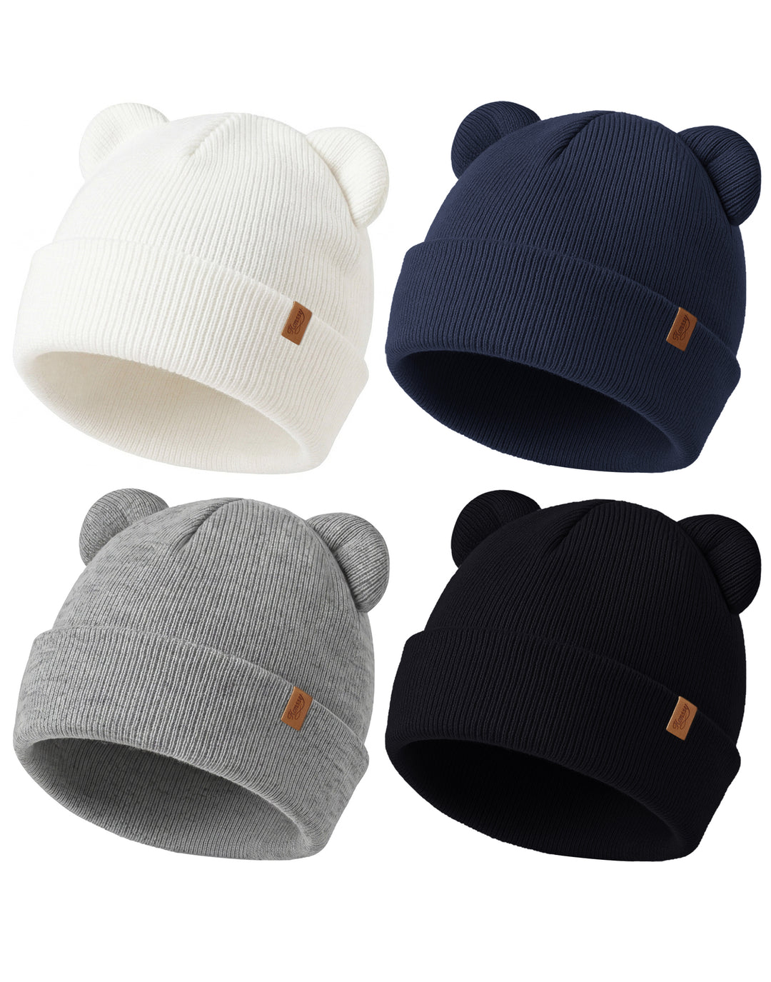 Konssy 4 Pack Baby Beanie with Bear Ear Warm Winter Hat for Newborn Infant Cozy Double-Layer Knitted Warm Cap, Extra-Soft Stretch Beanies, Multicolor Set, Baby Winter Hat for Boys and Girls 0-6 Months