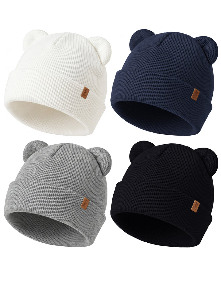 Konssy 4 Pack Baby Beanie with Bear Ear Warm Winter Hat for Newborn Infant Cozy Double-Layer Knitted Warm Cap, Extra-Soft Stretch Beanies, Multicolor Set, Baby Winter Hat for Boys and Girls 0-6 Months