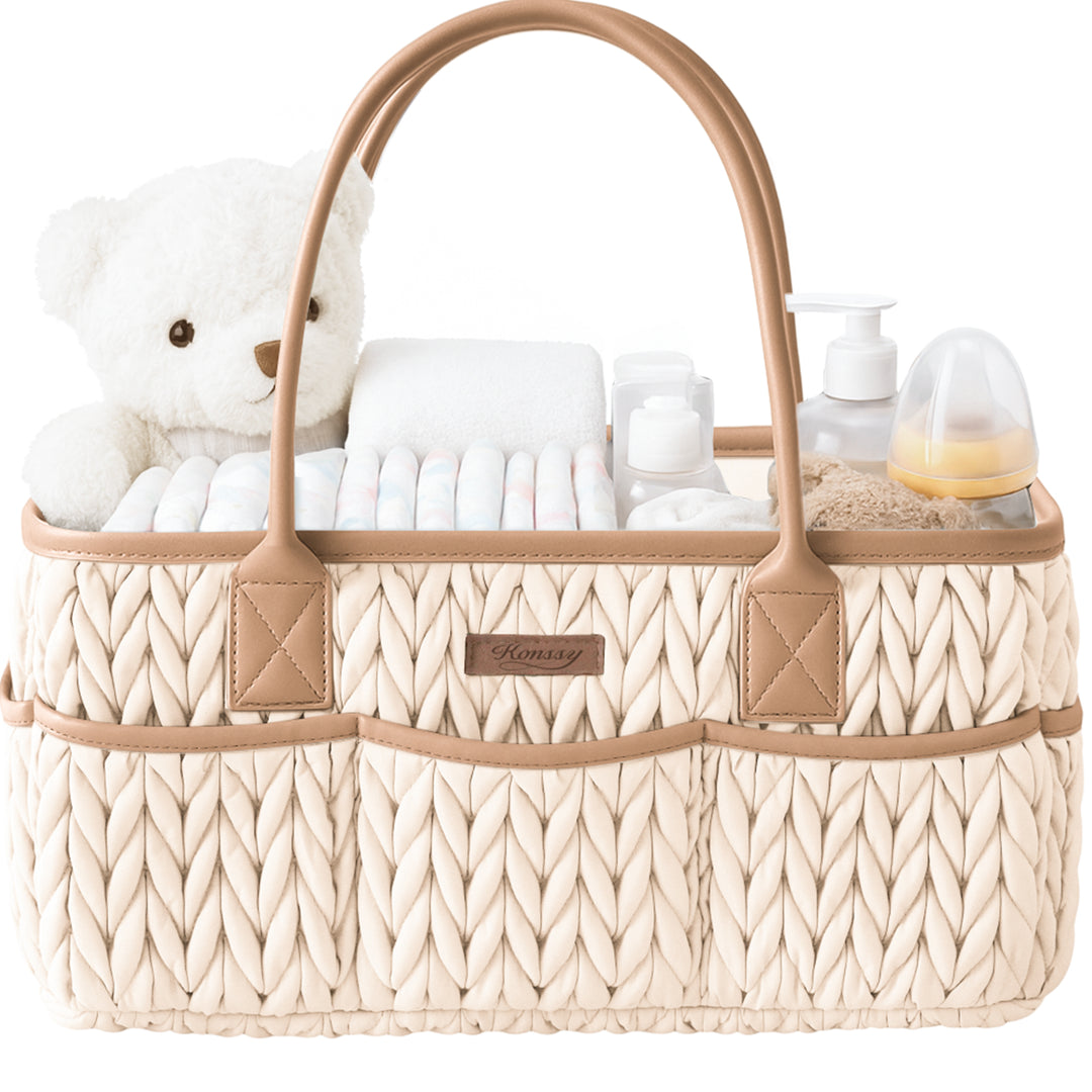 Konssy Baby Diaper Caddy Organizer, Braided Quilted Design with PU Handles | Water-Repellent, Portable Diaper Caddy Basket, Boho Nursery Organizer for Changing Table, Newborn Essentials