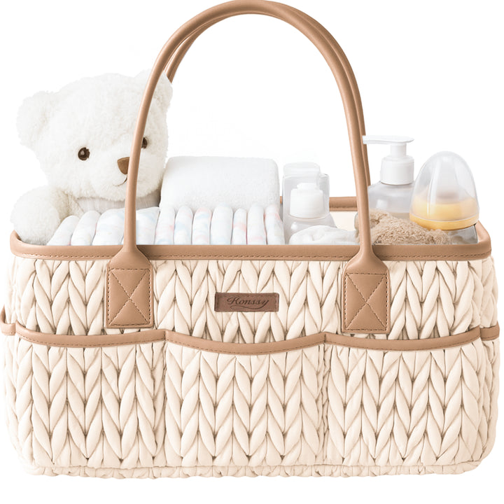 Konssy Baby Diaper Caddy Organizer, Braided Quilted Design with PU Handles | Water-Repellent, Portable Diaper Caddy Basket, Boho Nursery Organizer for Changing Table, Newborn Essentials