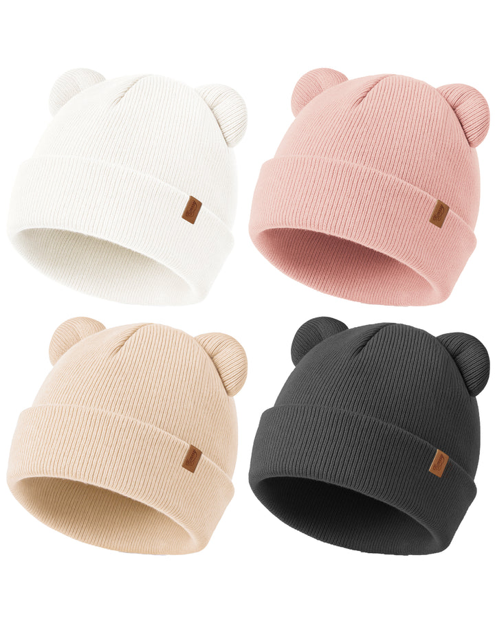Konssy 4 Pack Baby Beanie with Bear Ear Warm Winter Hat for Newborn Infant Cozy Double-Layer Knitted Warm Cap, Extra-Soft Stretch Beanies, Multicolor Set, Baby Winter Hat for Boys and Girls 0-6 Months