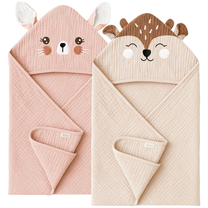 Konssy 2-Pack Muslin Baby Hooded Towels, 100% Cotton, Soft and Absorbent Baby Bath Towels for Newborn, Infant & Toddler with Animal Hooded Design