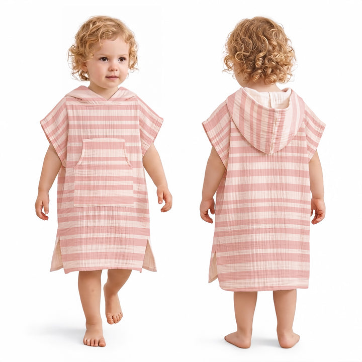 Konssy Muslin Hooded Bath Towels for Kids, 100% Cotton, Soft Quick-Dry Bath/Beach/Pool Towel Poncho with Front Pocket for Toddlers, Lightweight & Absorbent (1-3 Years)