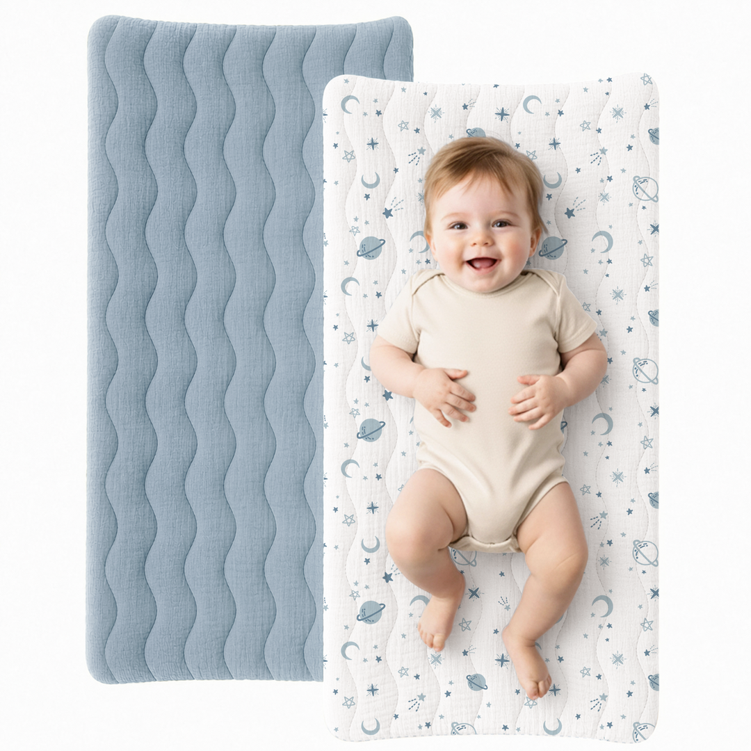 Konssy Waterproof Muslin Changing Pad Cover 2 Pack, 100% Cotton Quilted Diaper Changing Table Sheets, Soft Breathable Boho Nursery Bedding for Baby, Silent & Absorbent Standard Fit