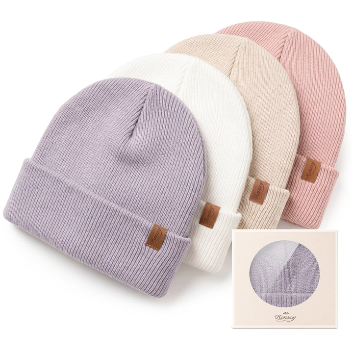 Konnsy 4 Pack Baby Beanie Warm Winter Hats for Newborn Infant Boys Girls | Cozy Double-Layer Knitted Warm Cap, Extra-Soft, Stretch Beanies Without Tight Marks, Multicolor set, Baby Beanies 0-6 Months