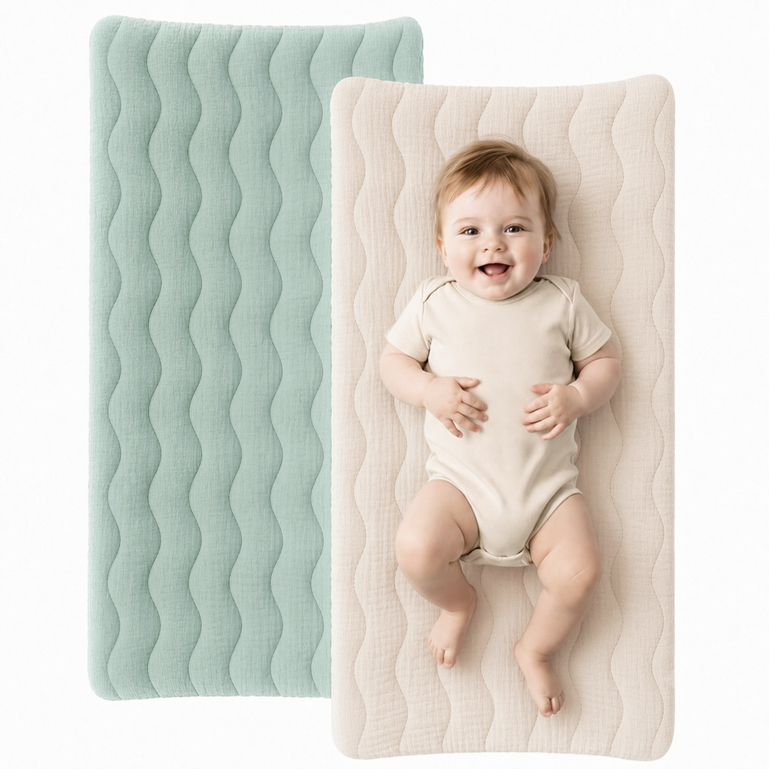 Konssy Waterproof Muslin Changing Pad Cover 2 Pack, 100% Cotton Quilted Diaper Changing Table Sheets, Soft Breathable Boho Nursery Bedding for Baby, Silent & Absorbent Standard Fit