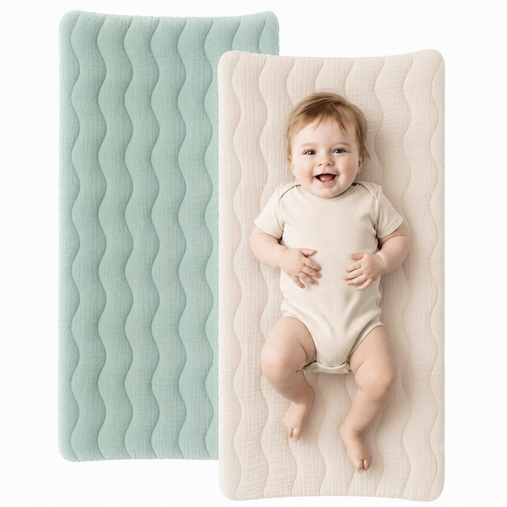 Konssy Waterproof Muslin Changing Pad Cover 2 Pack, 100% Cotton Quilted Diaper Changing Table Sheets, Soft Breathable Boho Nursery Bedding for Baby, Silent & Absorbent Standard Fit