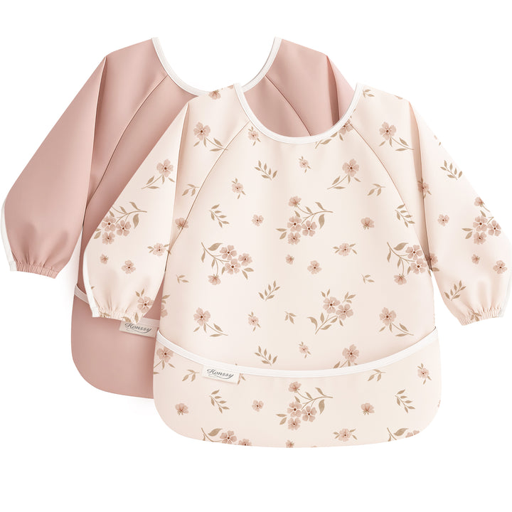 Konssy Long Sleeve Baby Bibs for Eating, Soft-Touch PU Waterproof Feeding Smock with Catch-All Pocket, Full Coverage Bib with Sleeves