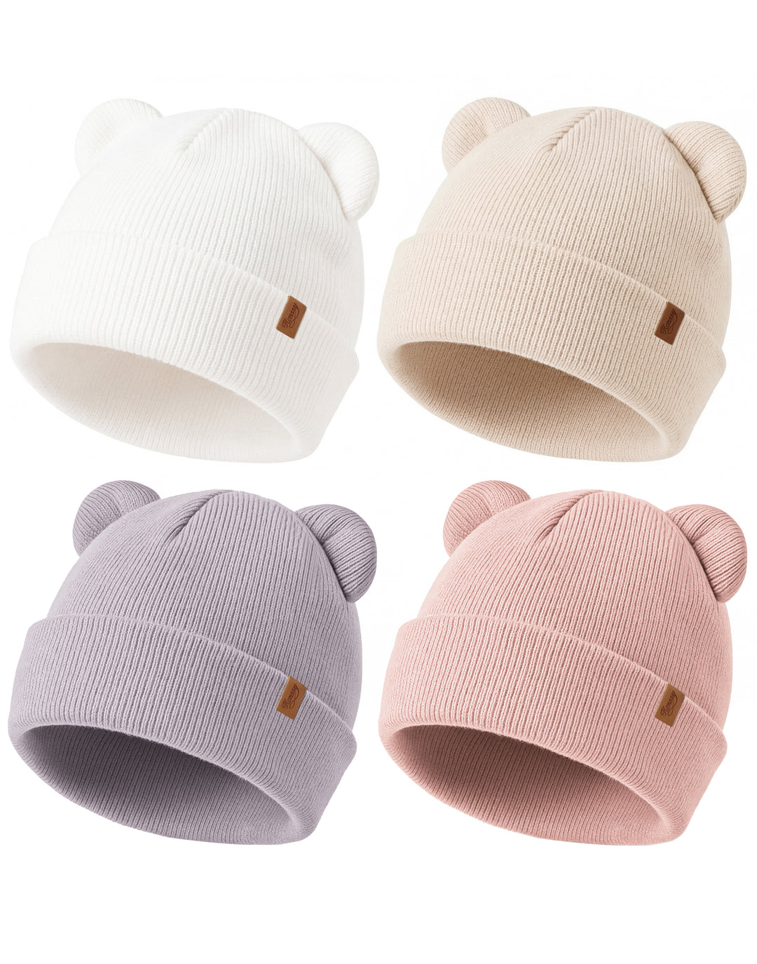 Konssy 4 Pack Baby Beanie with Bear Ear Warm Winter Hat for Newborn Infant Cozy Double-Layer Knitted Warm Cap, Extra-Soft Stretch Beanies, Multicolor Set, Baby Winter Hat for Boys and Girls 0-6 Months
