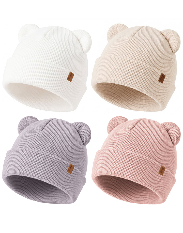 Konssy 4 Pack Baby Beanie with Bear Ear Warm Winter Hat for Newborn Infant Cozy Double-Layer Knitted Warm Cap, Extra-Soft Stretch Beanies, Multicolor Set, Baby Winter Hat for Boys and Girls 0-6 Months