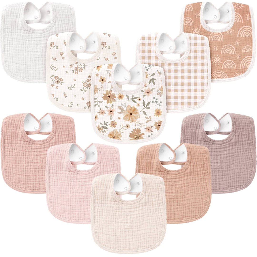Konssy 10-Pack Muslin Baby Bibs, Soft Cotton Bandana Bibs for Drooling & Teething
