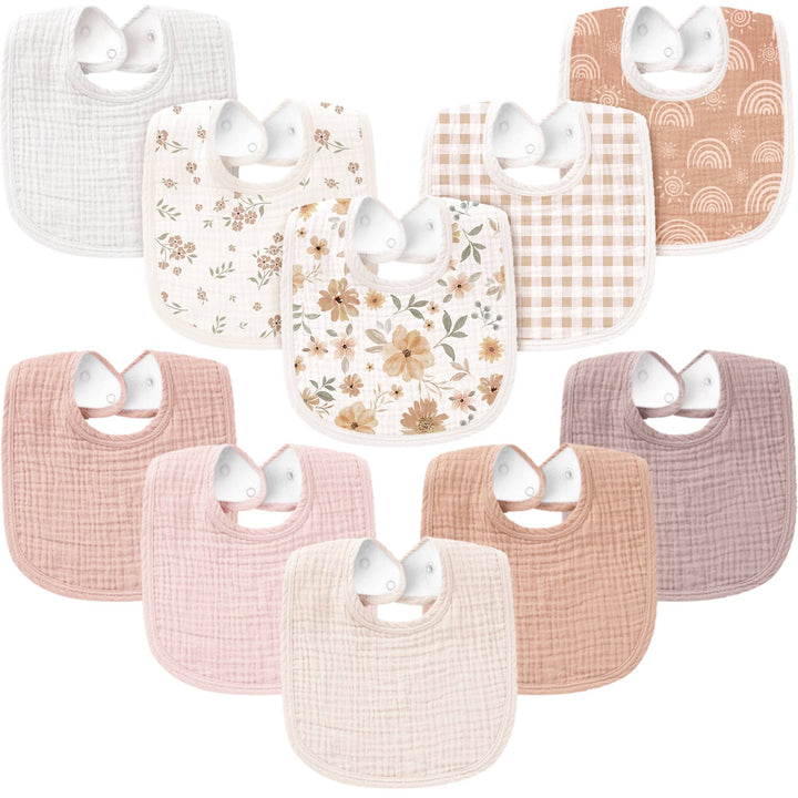 Konssy 10-Pack Muslin Baby Bibs, Soft Cotton Bandana Bibs for Drooling & Teething