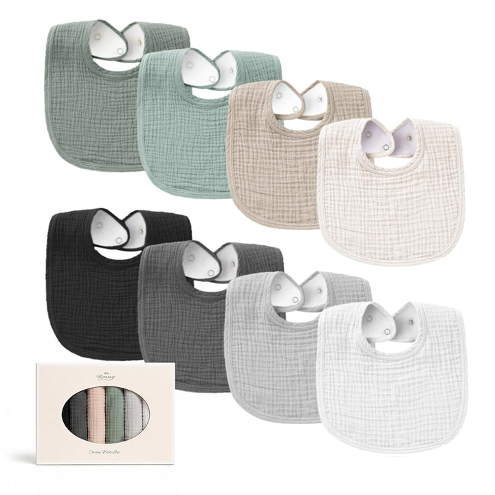 Konssy 8-Pack Muslin Baby Bibs, Adjustable Fit for Drooling and Teething Soft Absorbent, Drool Bibs for Baby Boys Girls, Cotton Front with Fleece Backing, Newborn to Toddler 0-36M