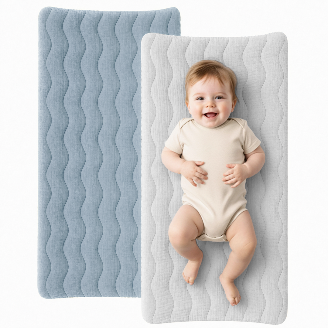 Konssy Waterproof Muslin Changing Pad Cover 2 Pack, 100% Cotton Quilted Diaper Changing Table Sheets, Soft Breathable Boho Nursery Bedding for Baby, Silent & Absorbent Standard Fit