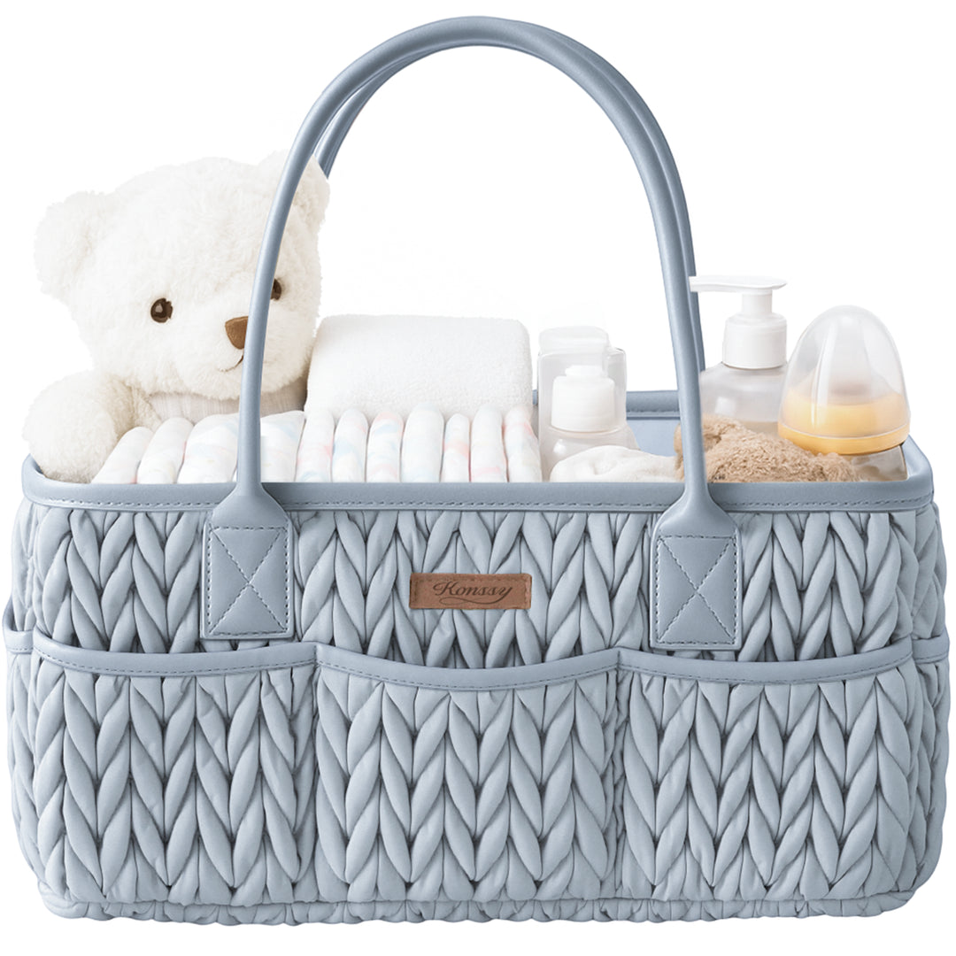 Konssy Baby Diaper Caddy Organizer, Braided Quilted Design with PU Handles | Water-Repellent, Portable Diaper Caddy Basket, Boho Nursery Organizer for Changing Table, Newborn Essentials
