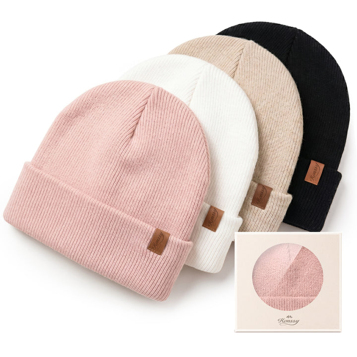 Konnsy 4 Pack Baby Beanie Warm Winter Hats for Newborn Infant Boys Girls | Cozy Double-Layer Knitted Warm Cap, Extra-Soft, Stretch Beanies Without Tight Marks, Multicolor set, Baby Beanies 0-6 Months