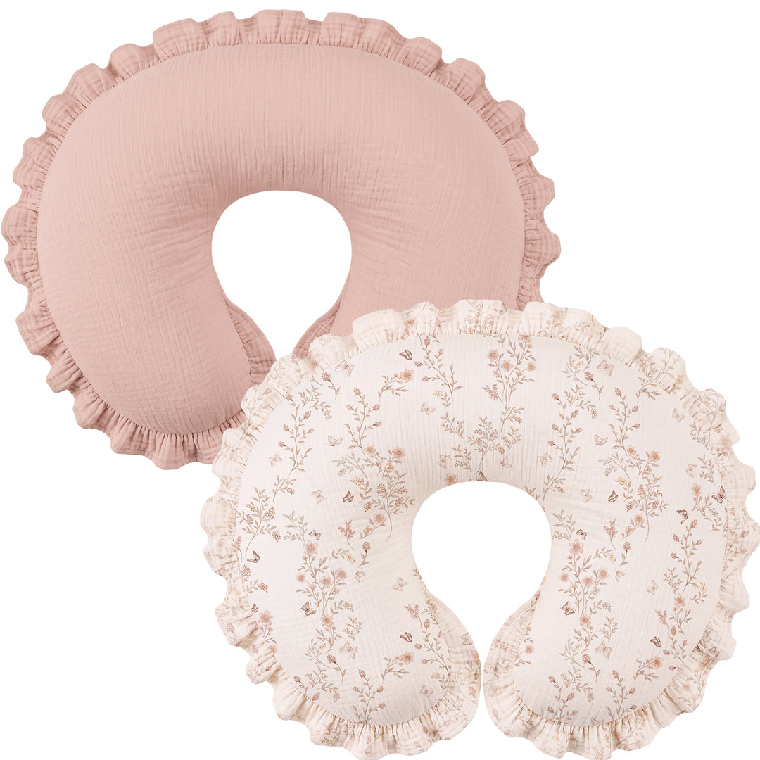 Konssy 2Pack 100% Muslin Cotton Soft Nursing Pillow Covers with Ruffle Trim Covers Only, Breathable & Machine Washable Slipcover, Baby Breastfeeding Pillow Cover for Newborn Boys & Girls, in gift box