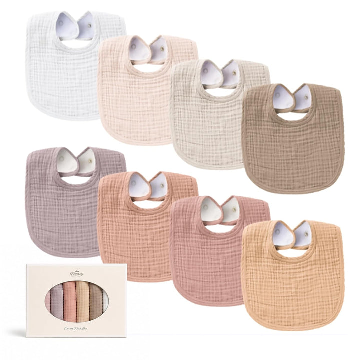 Konssy 8-Pack Muslin Baby Bibs, Adjustable Fit for Drooling and Teething Soft Absorbent, Drool Bibs for Baby Boys Girls, Cotton Front with Fleece Backing, Newborn to Toddler 0-36M