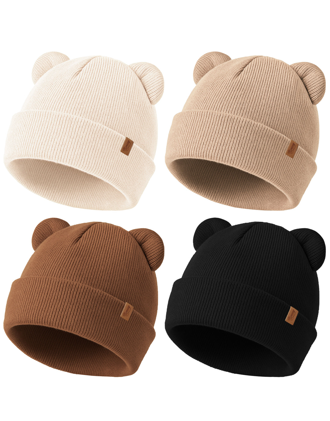Konssy 4 Pack Baby Beanie with Bear Ear Warm Winter Hat for Newborn Infant Cozy Double-Layer Knitted Warm Cap, Extra-Soft Stretch Beanies, Multicolor Set, Baby Winter Hat for Boys and Girls 0-6 Months