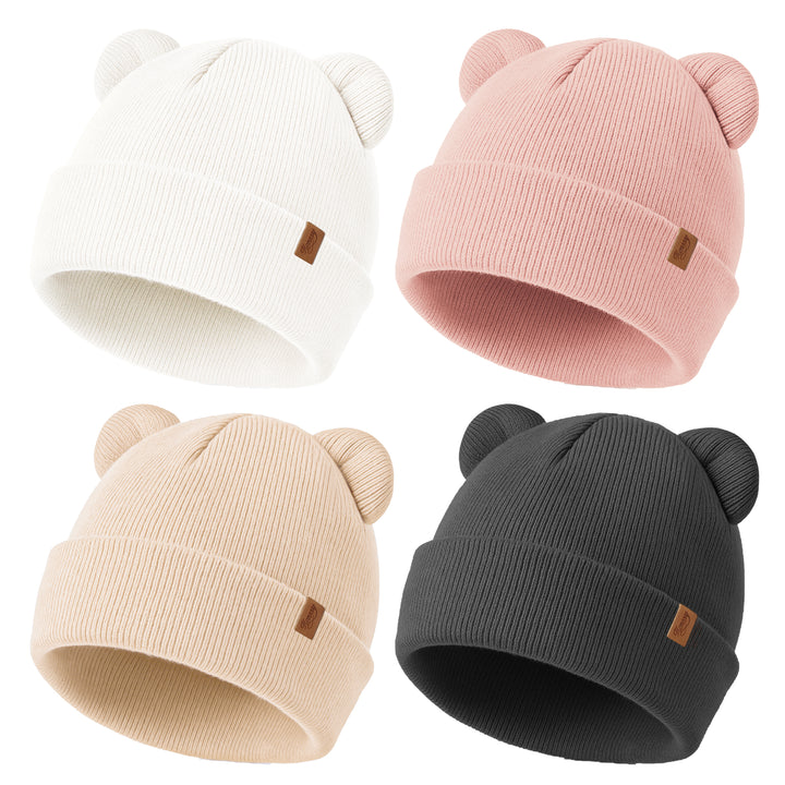 Konssy 4 Pack Baby Winter Hat with Bear Ears, Warm Rib Baby Knit Beanie for Newborns & Infants, Cozy Hat 0–6 Months