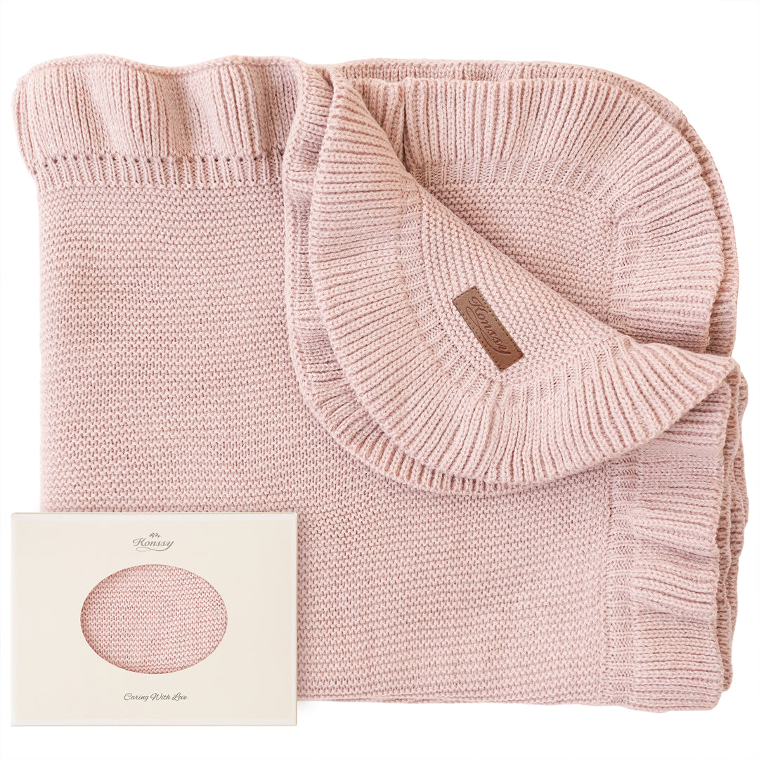 Konssy Knit Baby Blanket with Ruffle Edge, Ultra-Soft Receiving Baby Blankets for Girl