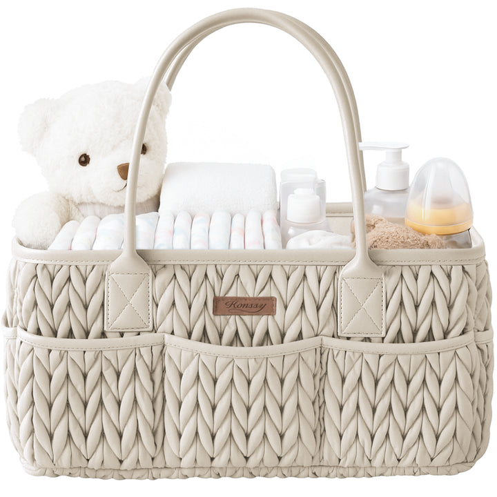 Konssy Baby Diaper Caddy Organizer, Braided Quilted Design with PU Handles | Water-Repellent, Portable Diaper Caddy Basket, Boho Nursery Organizer for Changing Table, Newborn Essentials