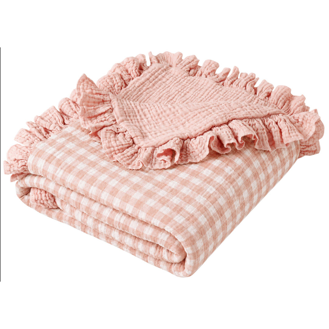 Konssy 100% Cotton Muslin Baby Blanket with Ruffle Trim for Girls, 43"x39" Reversible Design, Ultra Soft & Lightweight, for Swaddling, Crib, Stroller & Nursery Use, from Newborn to Toddler
