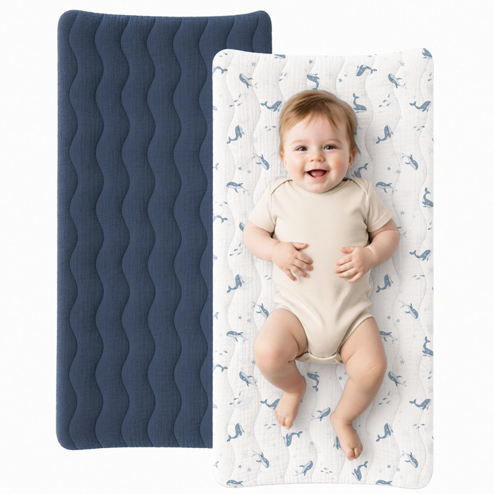 Konssy Waterproof Muslin Changing Pad Cover 2 Pack, 100% Cotton Quilted Diaper Changing Table Sheets, Soft Breathable Boho Nursery Bedding for Baby, Silent & Absorbent Standard Fit
